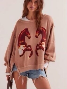 Free People Camden French Horse Graphic Oversized Sweatshirt Pullover size XS